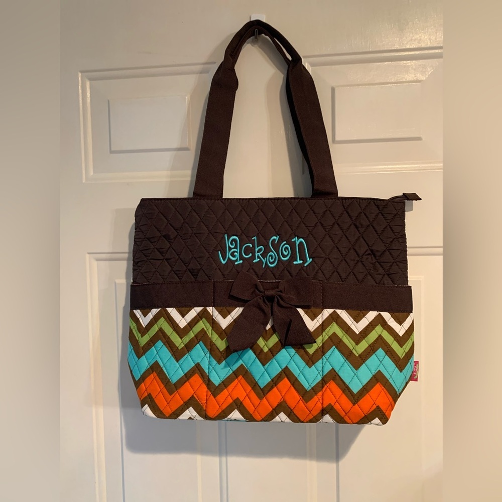 N. Gil Chevron Diaper Bag W/ Monogrammed “Jackson” New